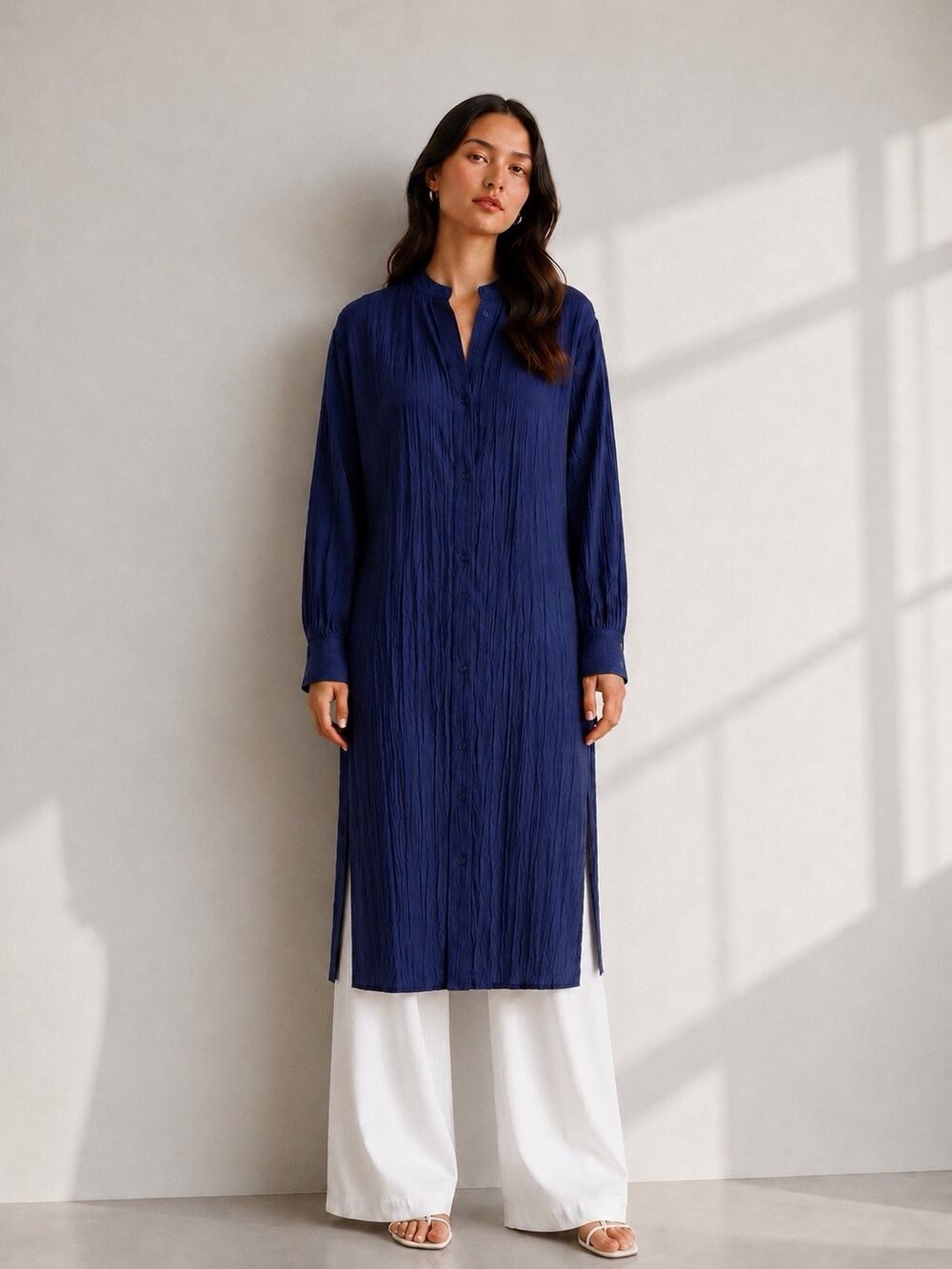 NWT Eileen Fisher Crushed Silk Band Collar Long Shirt Dress Easy SzXXS Blue $298